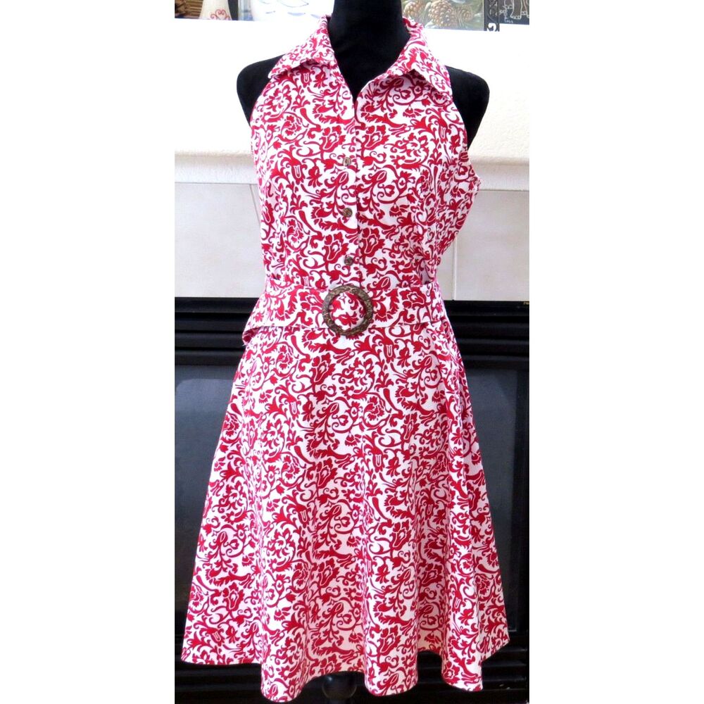 Red and White Sleeveless Midi Dress with Belt